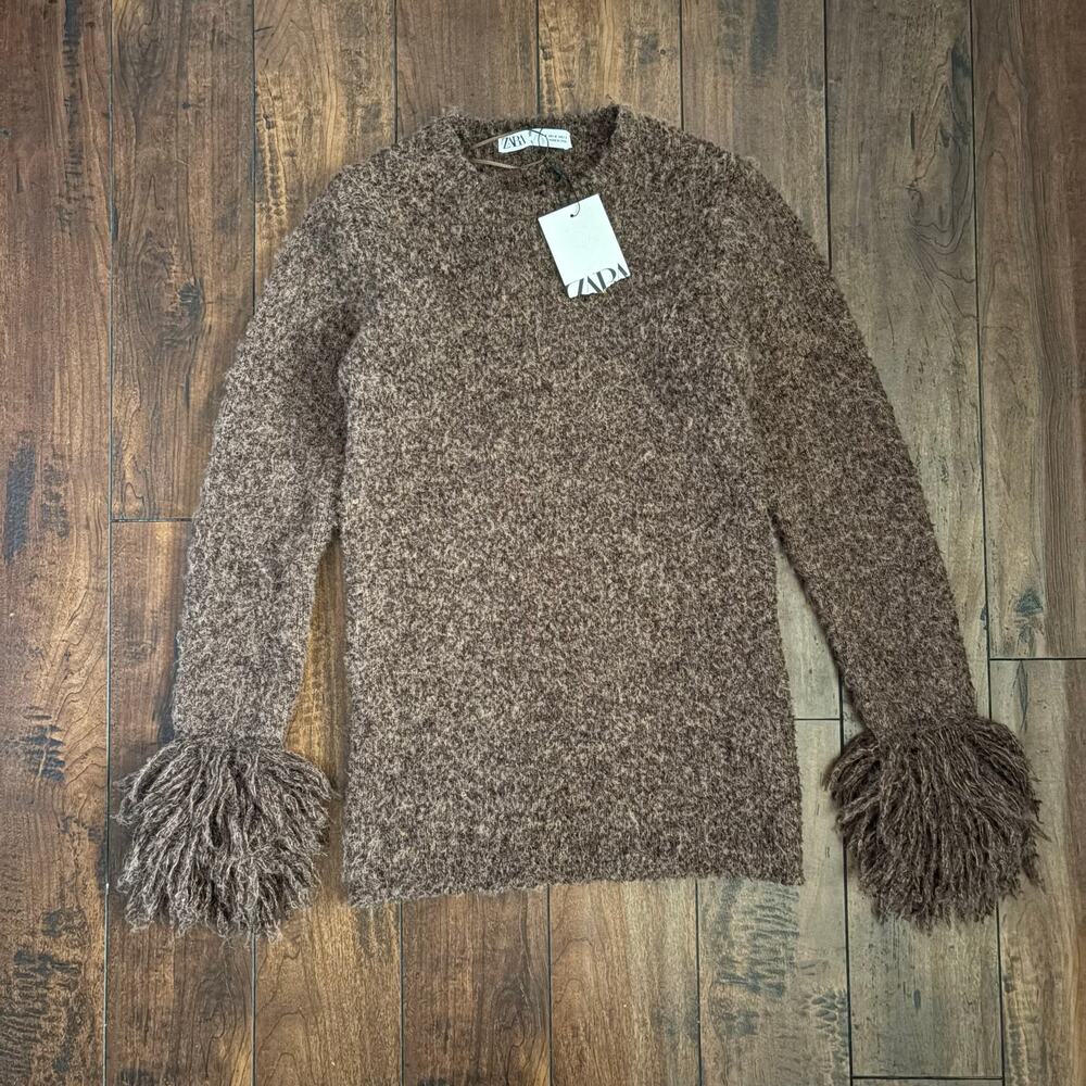 NWT Zara Sweater Womens M Brown Fringe Tassel Cuffs Fuzzy Y2K Boho Earthy